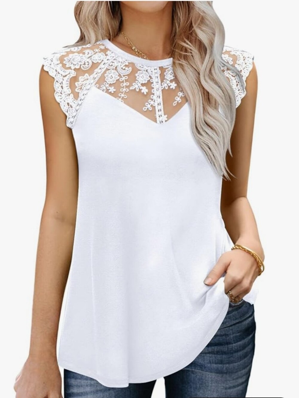Women's Sleeveless Tops Lace Floral Casual Loose Blouses Tank Shirts